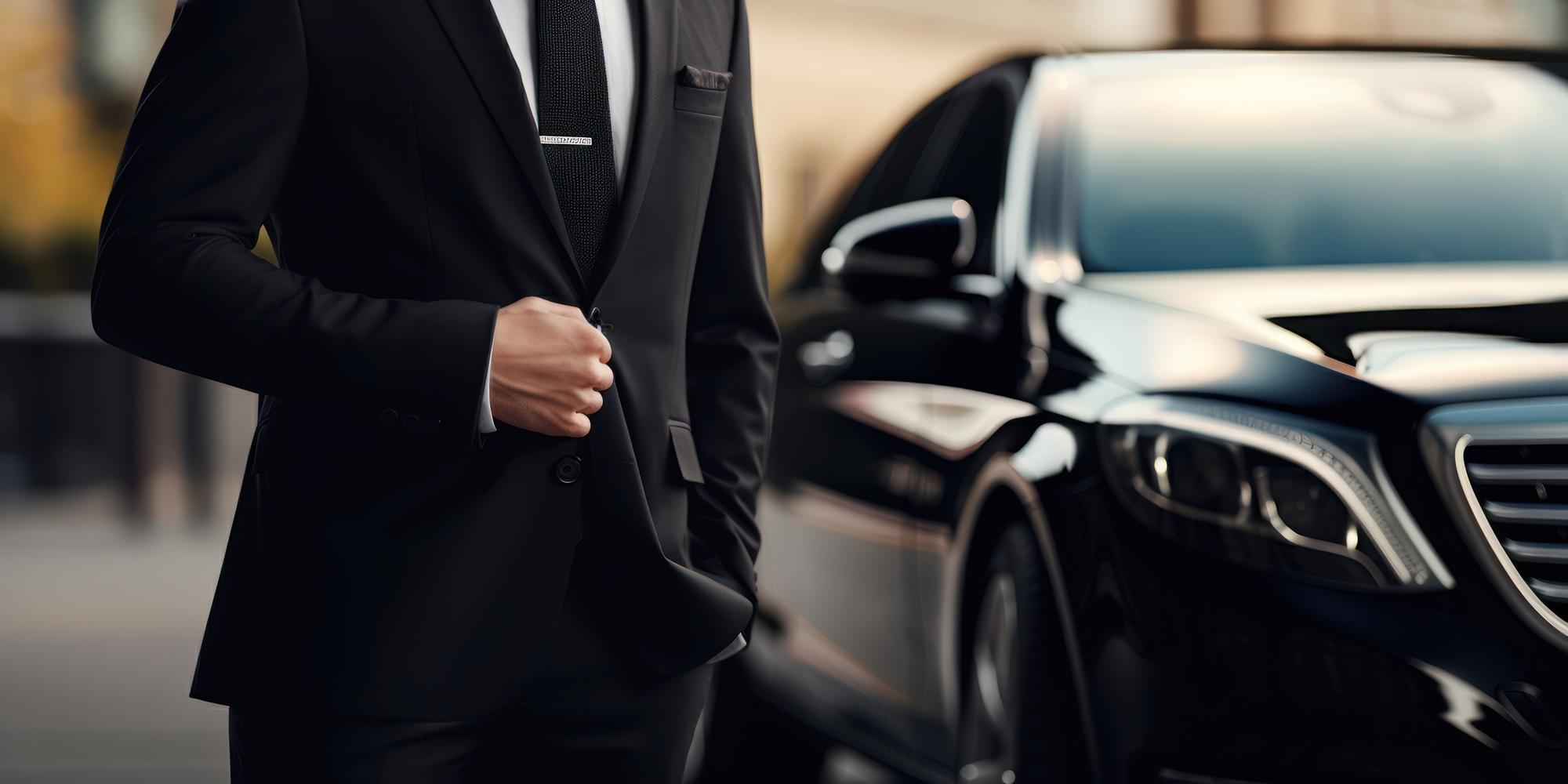 Chauffeur privé Abelis Taxis en costume avec véhicule de luxe, service VTC haut de gamme disponible 24/7.